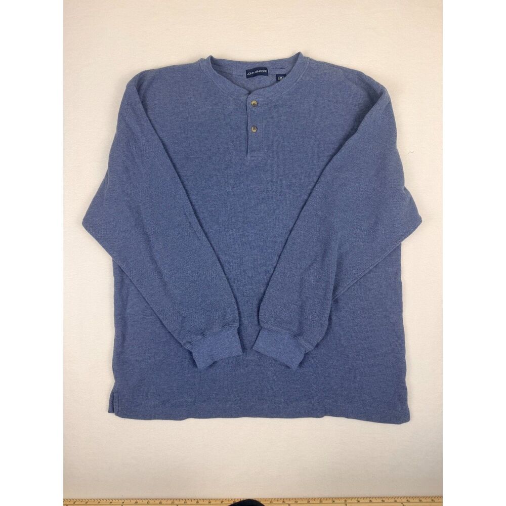 John Ashford Waffle Knit Henley Shirt Blue XL Long Sleeve Cotton